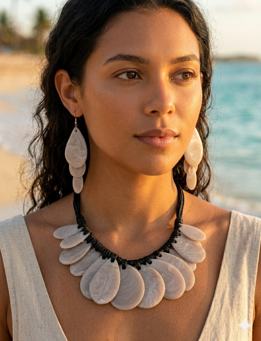 Resort Pearl-Effect Statement Σετ: Κολιέ & Κρεμαστά Σκουλαρίκια με Resin Στοιχεία και Μαύρο Σχοινί