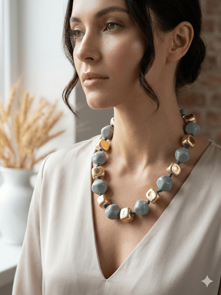 ✨ New Arrival: The Slate Grey & Gold Statement Necklace ✨