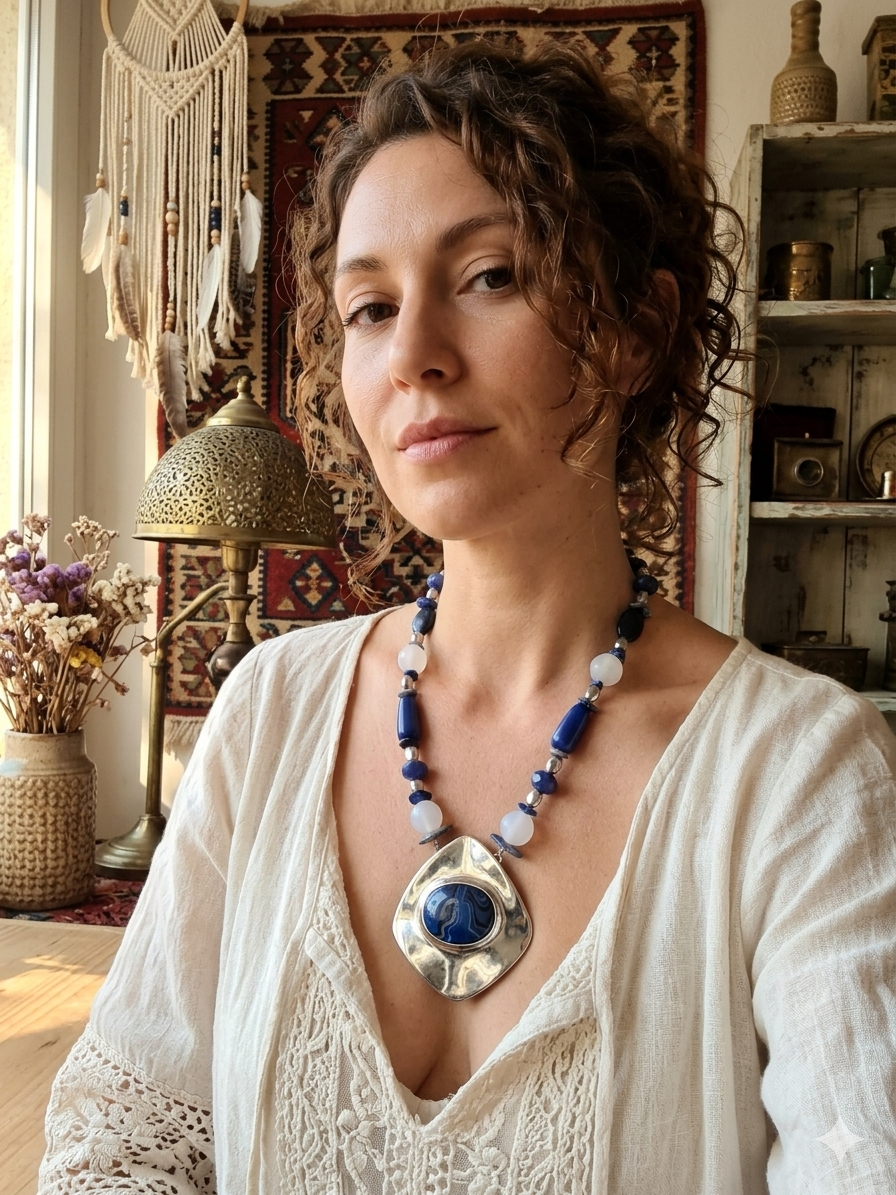 Boho-Chic Statement Κολιέ με Ανάγλυφο Ασημί Μενταγιόν, Royal Blue & Ημιδιάφανες Χάντρες