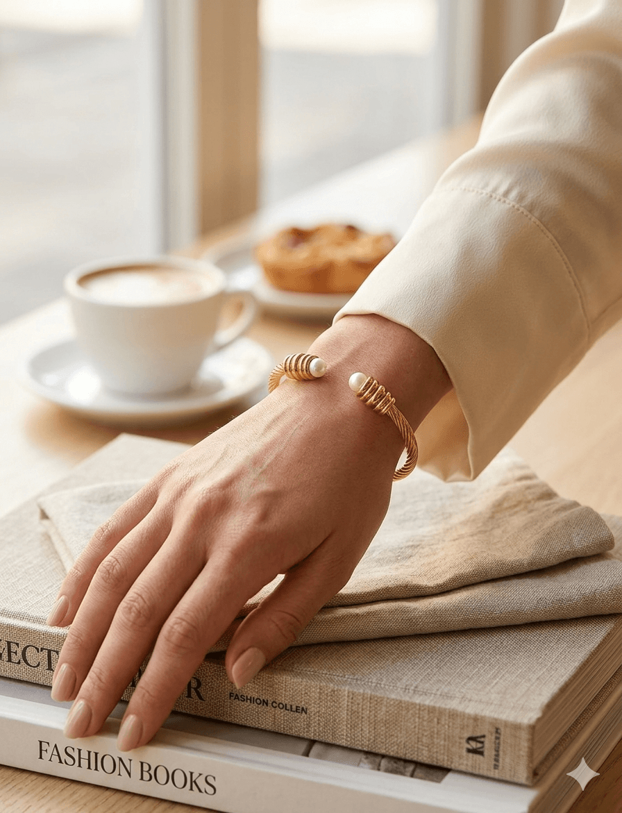 Two-Tone Βραχιόλι Χειροπέδα "Perla" – Στριφτό Cable Cuff με Μαργαριτάρια