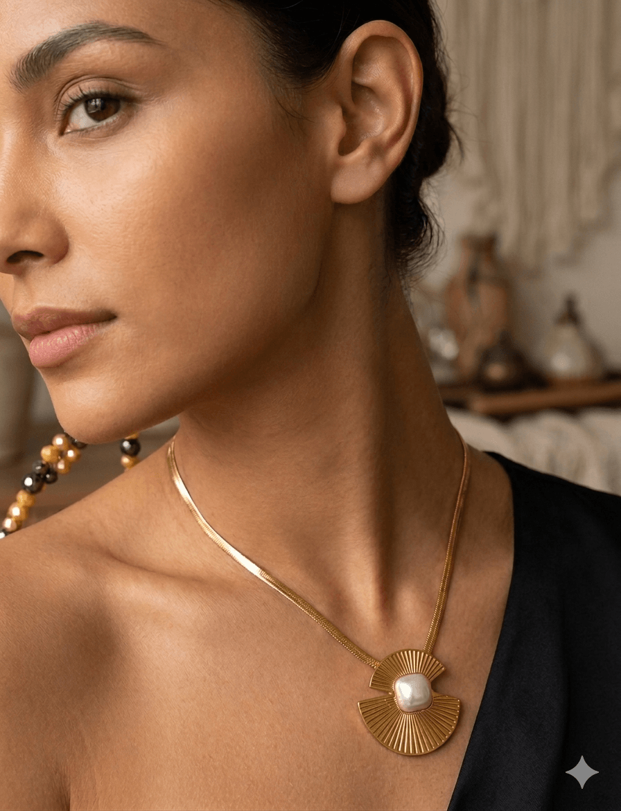 Art Deco Geometric Pendant Κολιέ με Flat Αλυσίδα Φίδι, Χρυσό Ανάγλυφο Μενταγιόν & Κεντρική Πέρλα