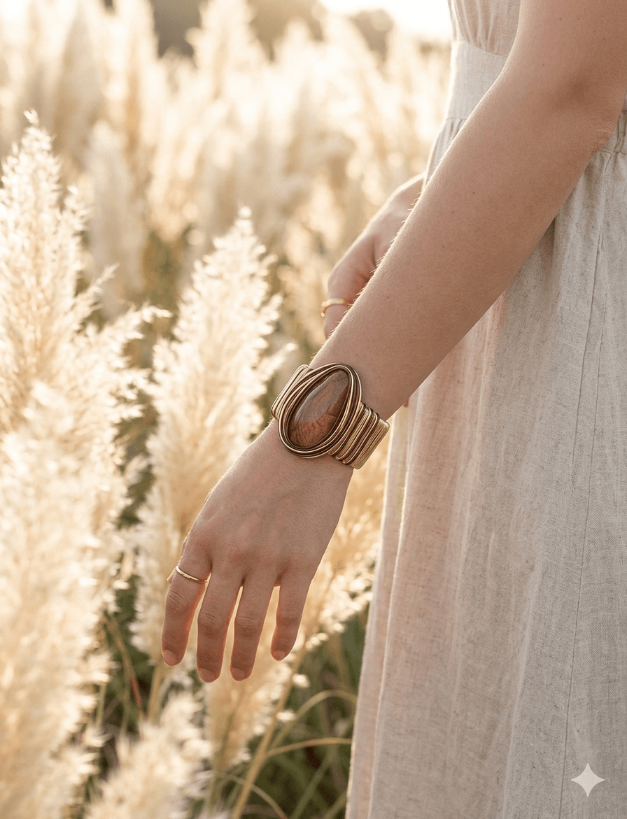 Boho Statement Βραχιόλι Χειροπέδα με Μεγάλο Οβάλ Στοιχείο σε Όψη Ξύλου / Λίθου