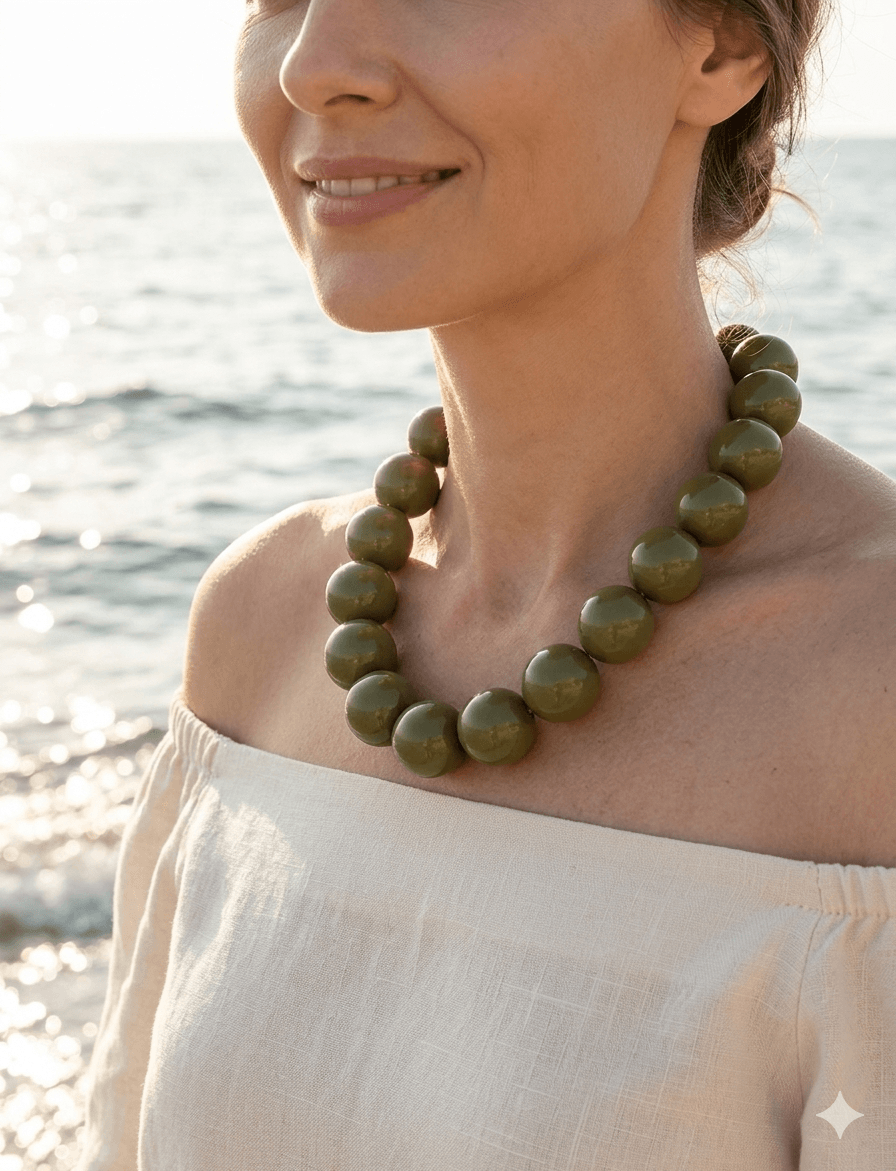 Χειροποίητο Statement Κολιέ με Σφαιρικές Χάντρες / Elegant Chunky Ball Necklace (Olive Green Edition)