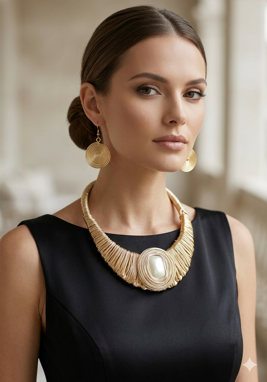 Golden Cleopatra Glam Σετ: Εντυπωσιακό Κολιέ Collar με Κεντρική Πέρλα & Ασορτί Σπειροειδή Σκουλαρίκια