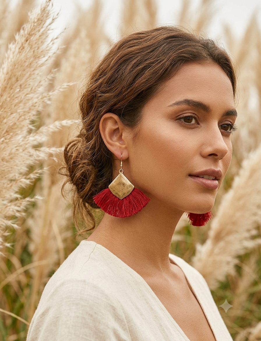 Boho Statement Σκουλαρίκια με Γεωμετρικό Χρυσό Στοιχείο & Κόκκινα Κρόσια Βεντάλια