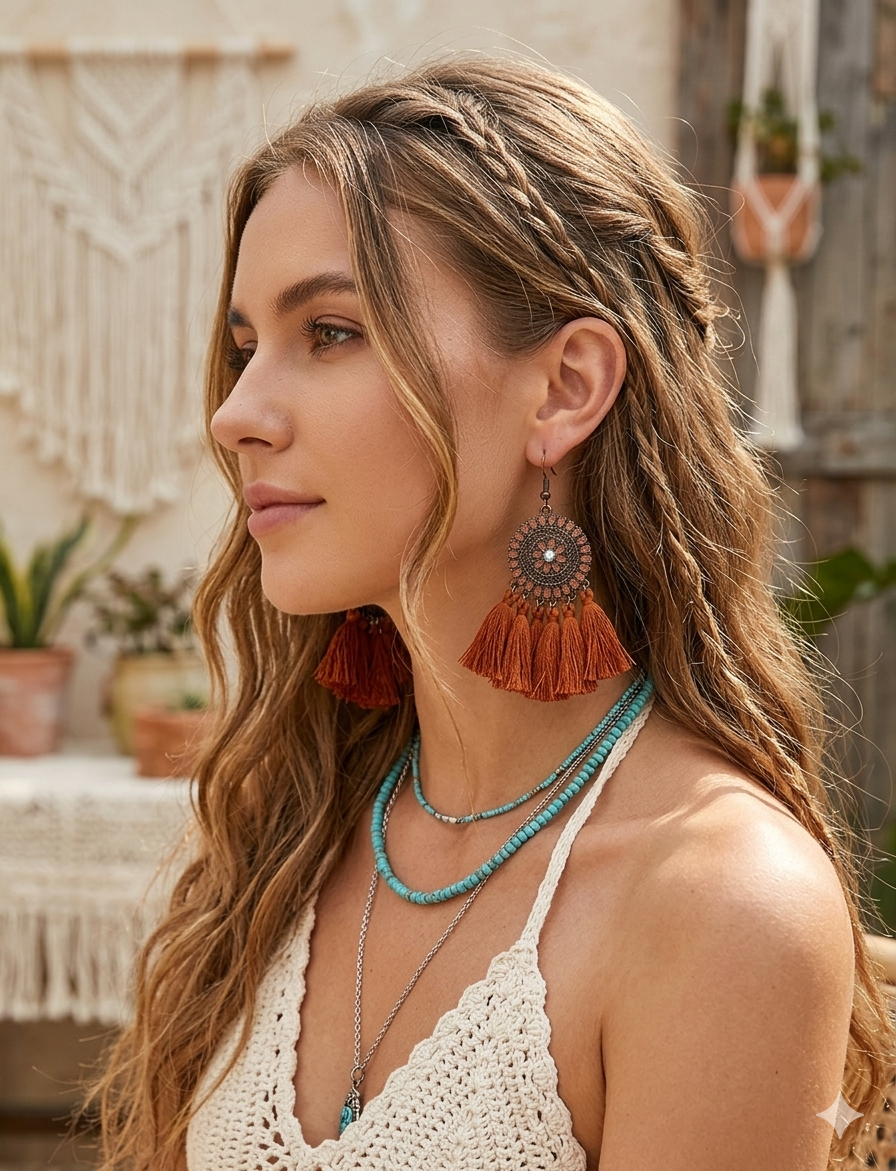 Boho Statement Σκουλαρίκια «Μαντάλα» με Σκαλιστές Λεπτομέρειες & Κρόσια σε Χρώμα Τερακότα