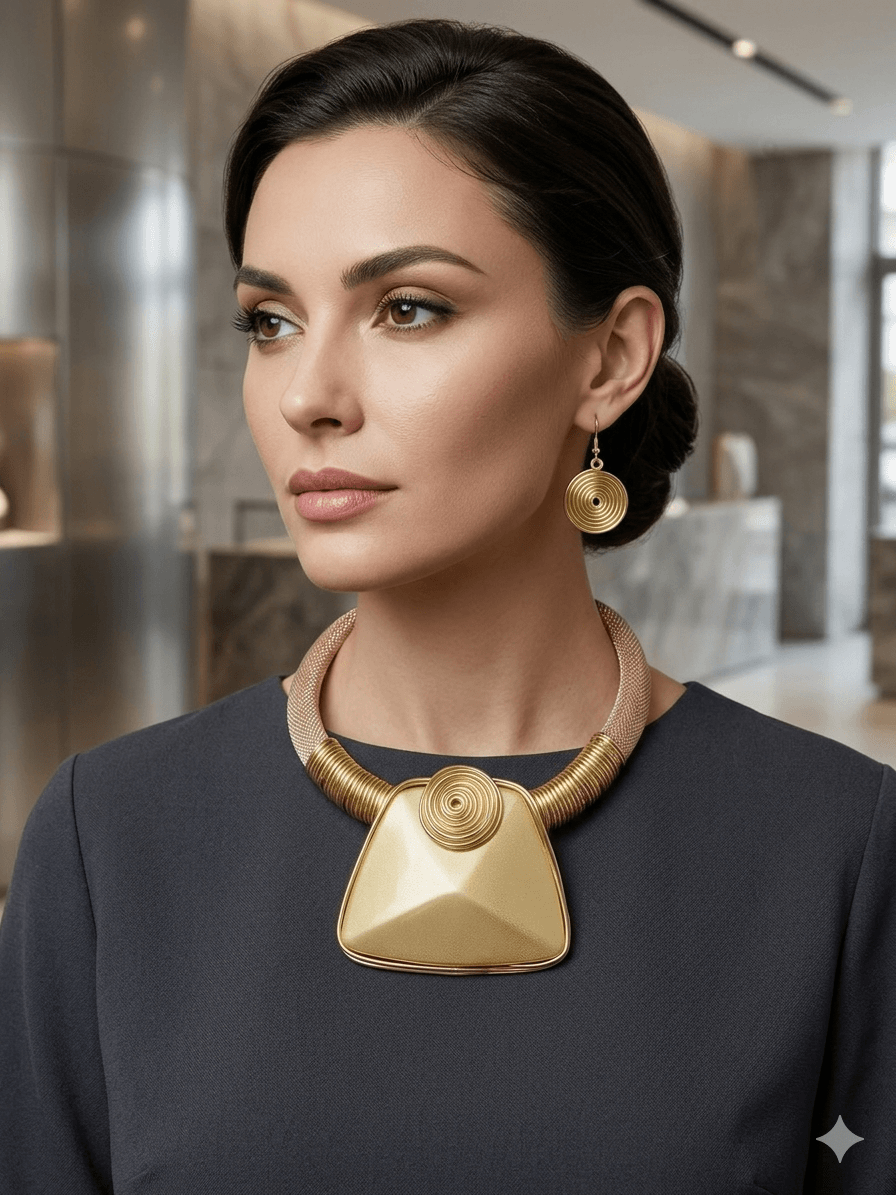 Set "Scultura Dorata" – Επιβλητικό Κολιέ Collar & Ασορτί Σκουλαρίκια με Αέρα Μιλάνου