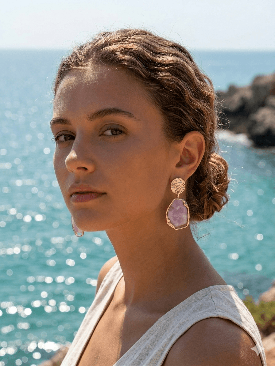 Boho Chic Κρεμαστά Σκουλαρίκια με Ανάγλυφο Χρυσό και Κρεμ Μαρμάρινα Εφέ
