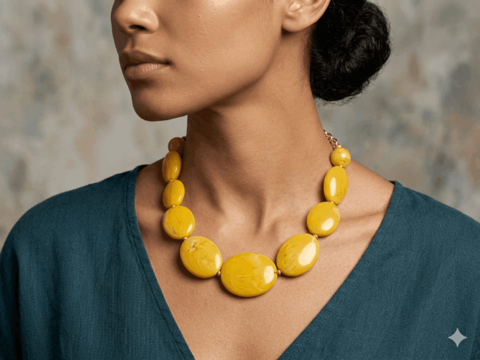 Χειροποίητο Statement Κολιέ με Χάντρες Ρητίνης / Mustard Yellow Marble Resin Necklace