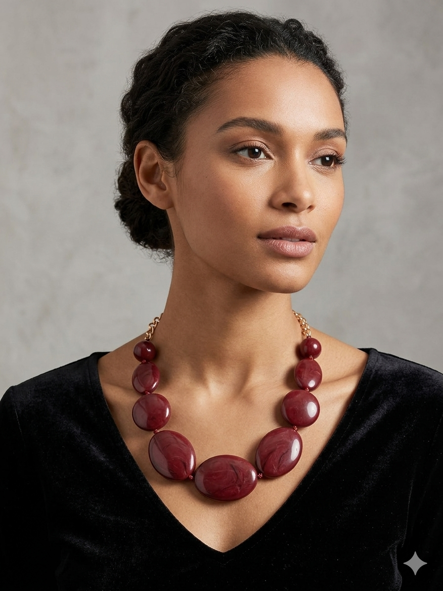 Χειροποίητο Statement Κολιέ με Χάντρες Ρητίνης / Burgundy Marble Resin Necklace