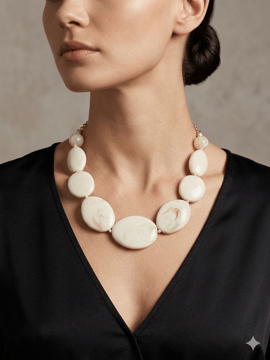 Χειροποίητο Statement Κολιέ με Χάντρες Ρητίνης / Ivory White Marble Resin Necklace
