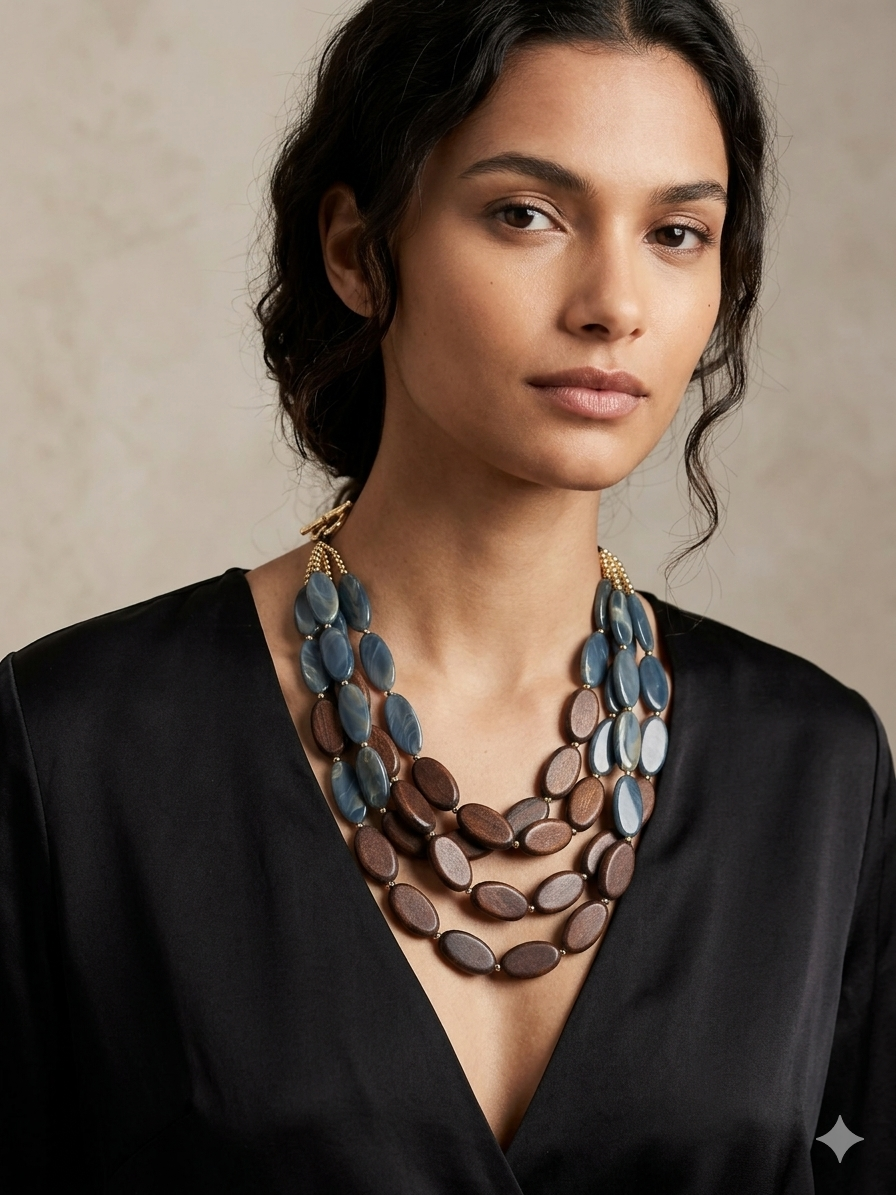 Πολύσειρο Boho-Chic Κολιέ με Χάντρες σε Όψη Αχάτη & Φυσικού Ξύλου