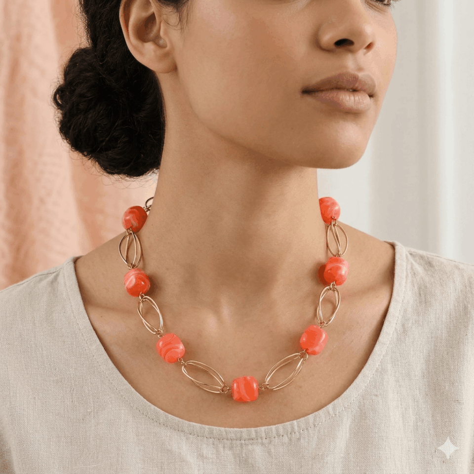 Statement Κολιέ Αλυσίδα με Vintage Χρυσούς Κρίκους & Κοράλλι Resin Χάντρες