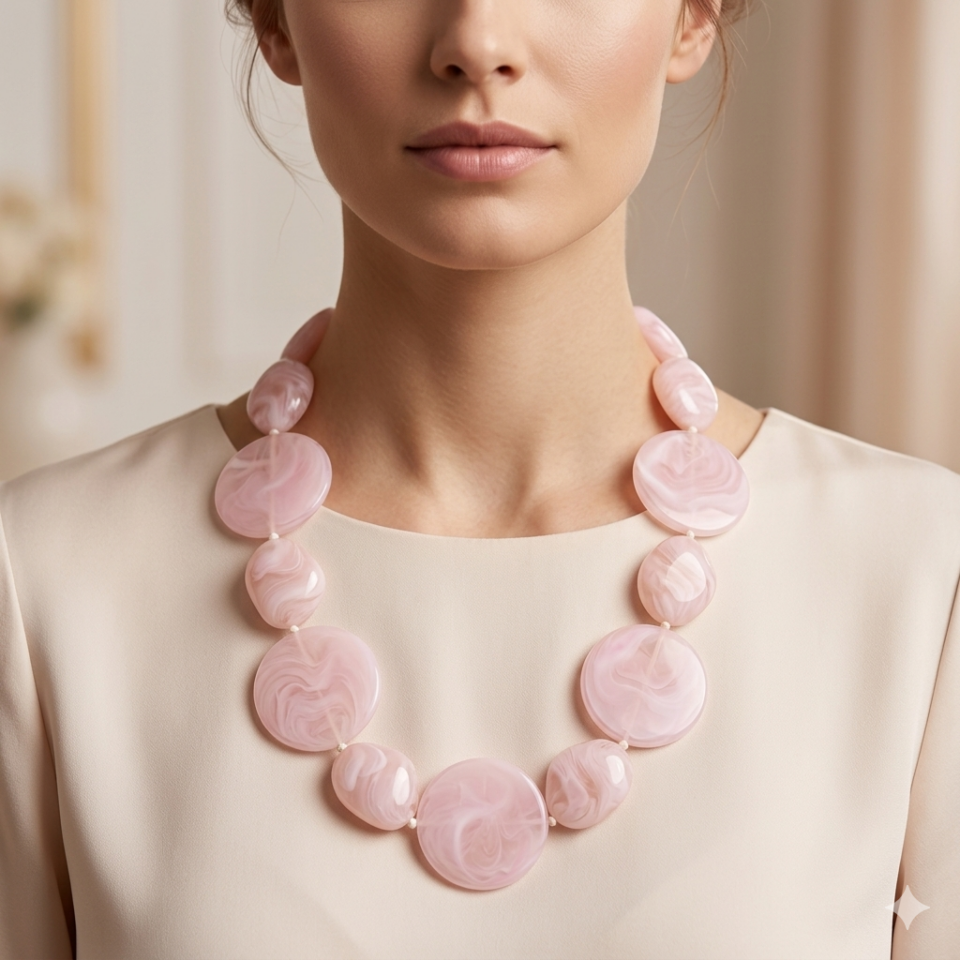 Χειροποίητο Statement Κολιέ με Χάντρες Ρητίνης / Pastel Pink Marble Resin Necklace