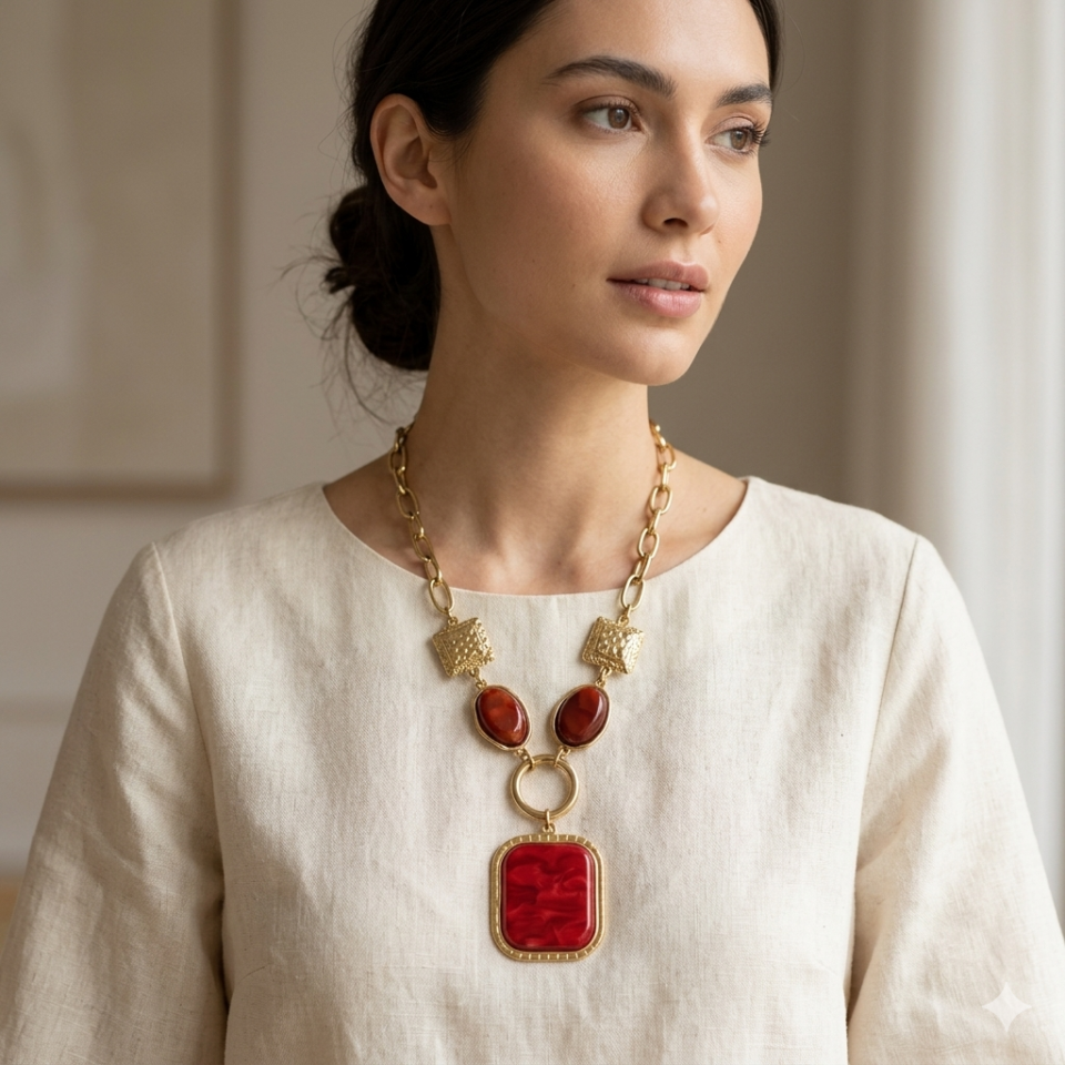 Vintage-Chic Statement Κολιέ Lilas de Seine με Χοντρή Χρυσή Αλυσίδα, Ανάγλυφα Στοιχεία και Βαθυκόκκινες Πέτρες