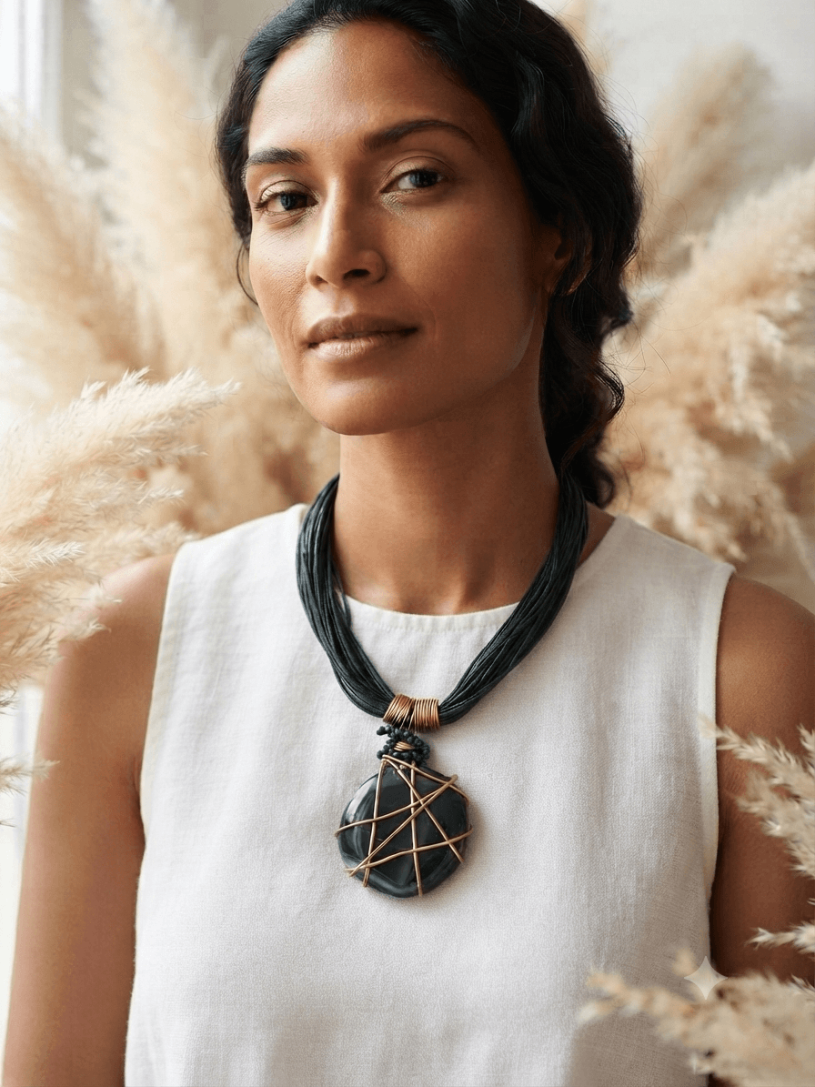 Χειροποίητο Statement Κολιέ Boho με Φυσική Πέτρα & Wire-Wrapped Λεπτομέρειες
