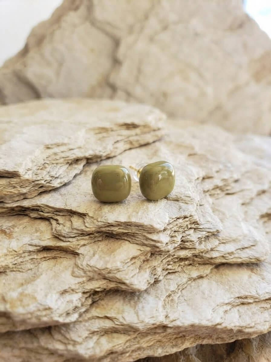 Parisian Chic Resin Stud Earrings – Olive Green Cushion