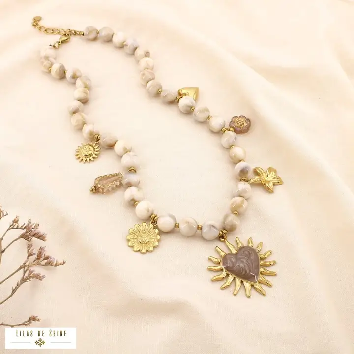 Sacred Sun & Heart: Κολιέ με Φυσικές Χάντρες Marble Look και Vintage Στοιχεία από Ατσάλι