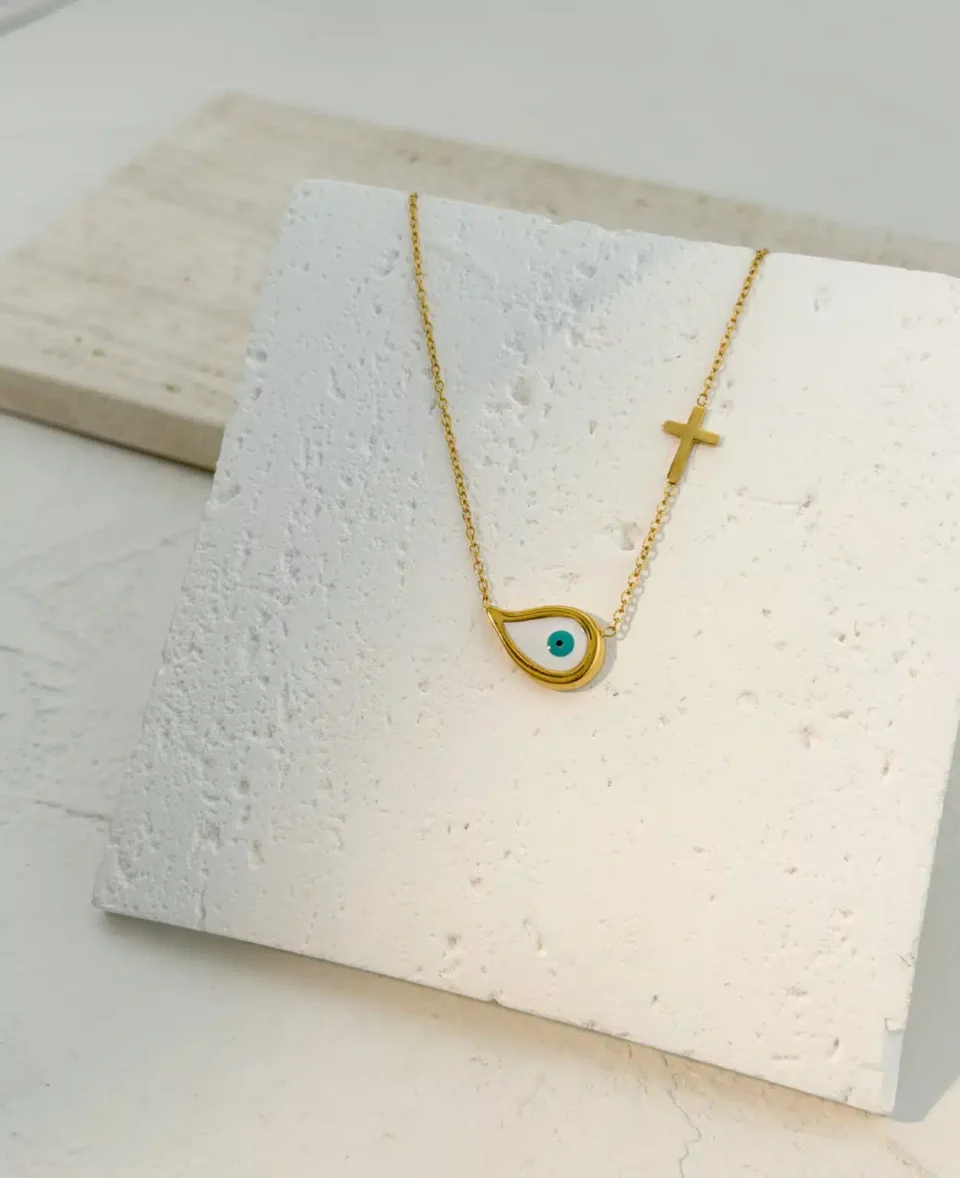 Faith & Protection Necklace – Επιχρυσωμένο Κολιέ από Ανοξείδωτο Ατσάλι με Μάτι-Σταγόνα και Σταυρό