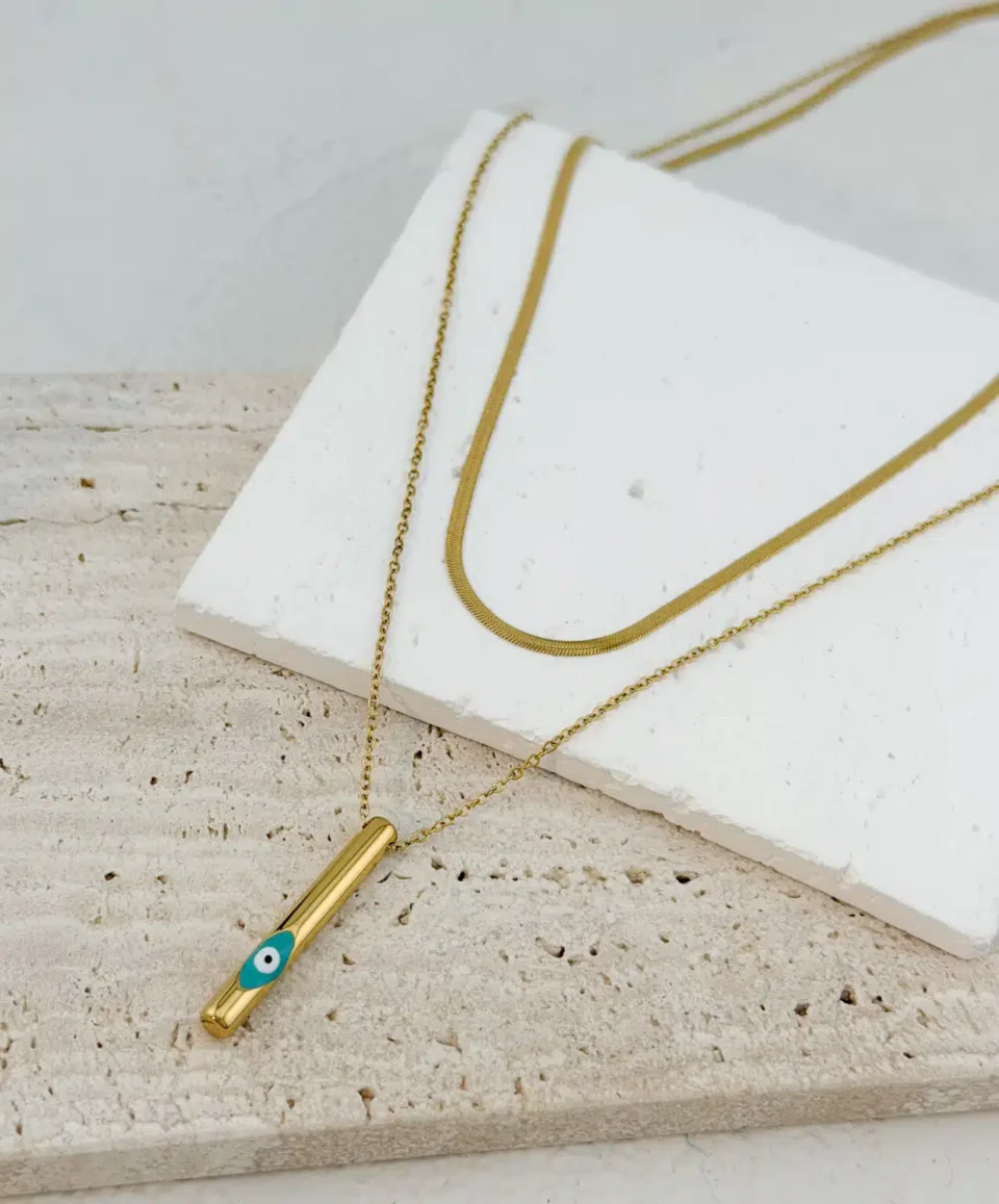 Iris Double Chain Necklace – Διπλό Επιχρυσωμένο Κολιέ από Ανοξείδωτο Ατσάλι με Κύλινδρο-Μάτι