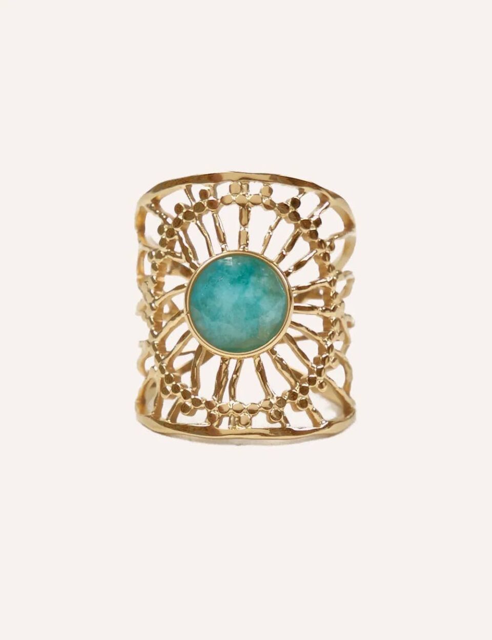 Amazonite Shield: Ατσάλινο Επίχρυσο Φαρδύ Δαχτυλίδι Ήλιος με Φυσικό Αμαζονίτη