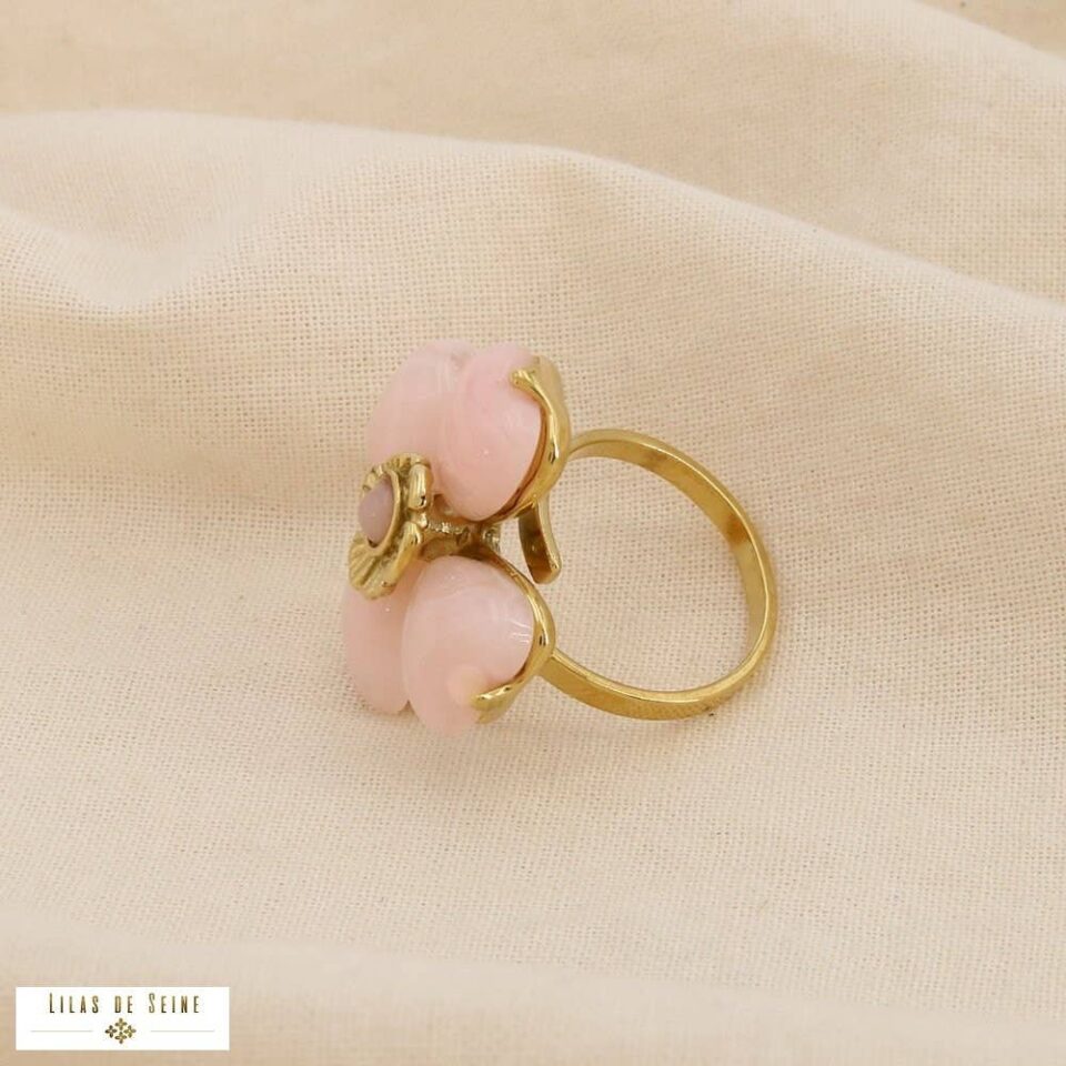 ✨ New Arrival:  Statement Ρυθμιζόμενο Δαχτυλίδι Λουλούδι Τετράφυλλο με Ροζ Καρδιές & Χρυσό Ατσάλι