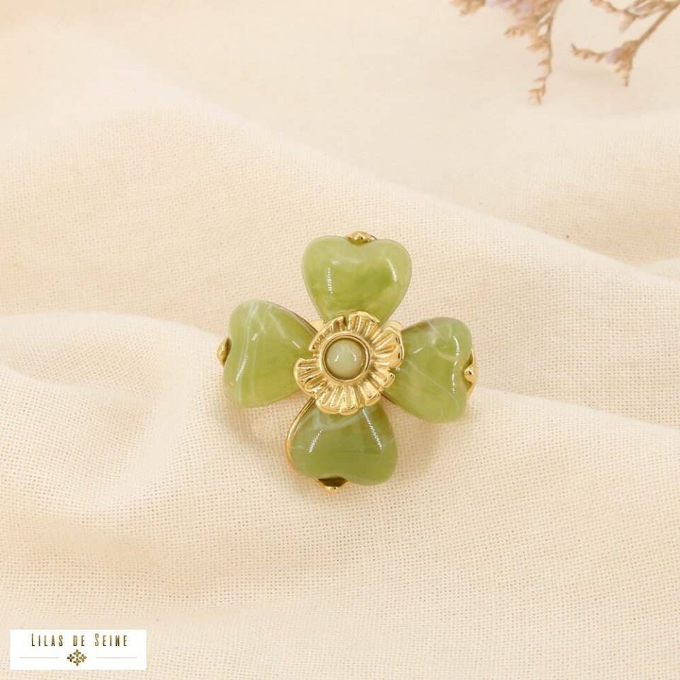 ✨ New Arrival:  Statement Ρυθμιζόμενο Δαχτυλίδι Λουλούδι Τετράφυλλο με Πράσινες Καρδιές & Χρυσό Ατσάλ