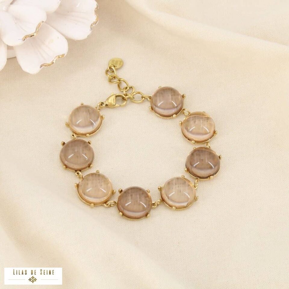 ✨ New Arrival: Γυναικείο Βραχιόλι από Ανοξείδωτο Ατσάλι με Στρογγυλούς Λίθους Cat's Eye σε Nude-Μπεζ Απόχρωση