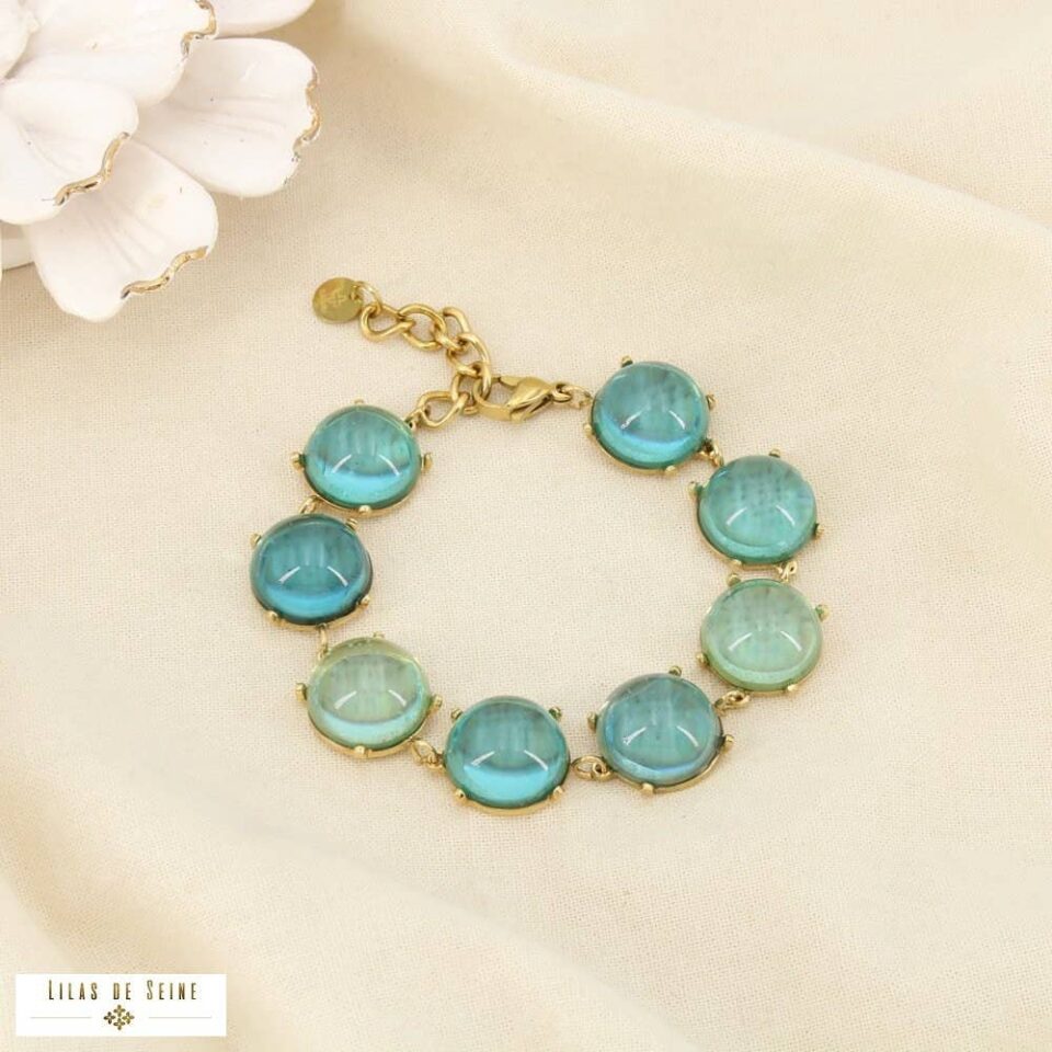 ✨ New Arrival:Γυναικείο Βραχιόλι από Ανοξείδωτο Ατσάλι με Στρογγυλούς Λίθους Cat's Eye σε Τυρκουάζ-Μέντα Απόχρωση