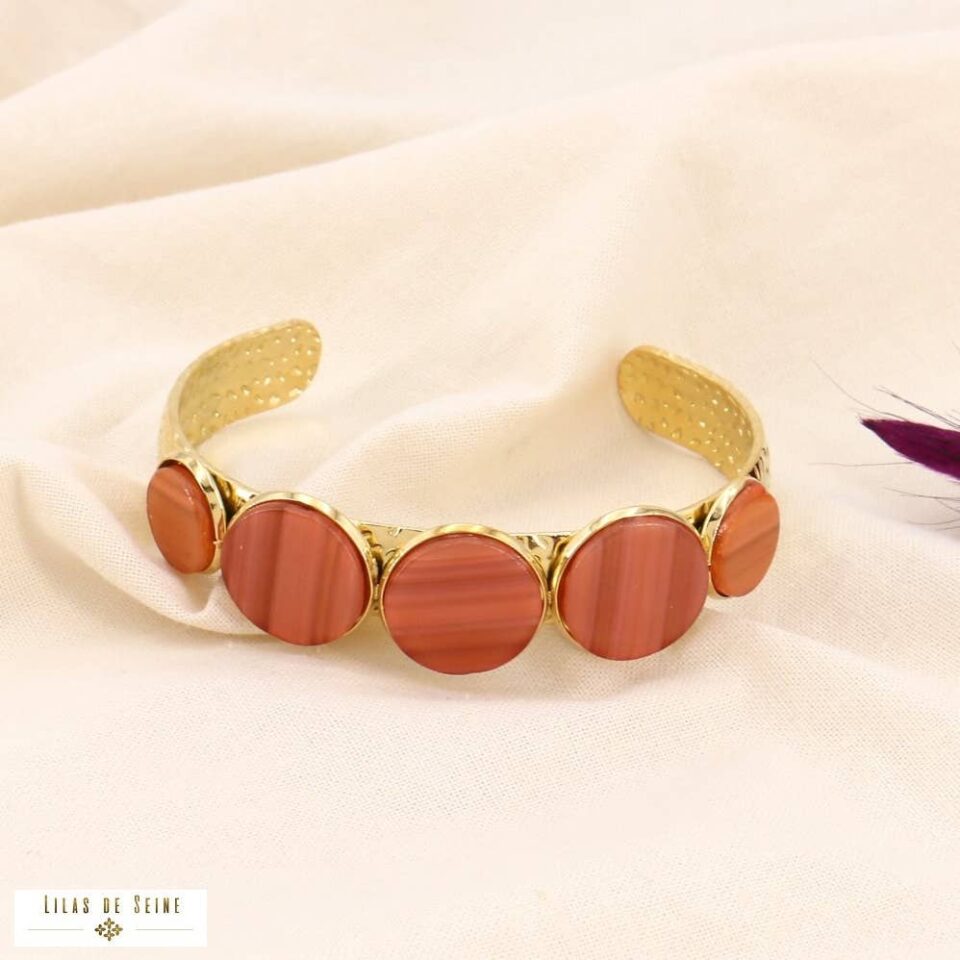 ✨ New Arrival:Γυναικείο Σταθερό Βραχιόλι Χειροπέδα από Ανοξείδωτο Ατσάλι με Στρογγυλούς Λίθους σε Κεραμιδί-Τερακότα Απόχρωση