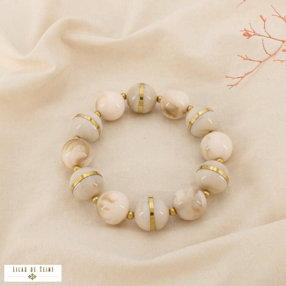 ✨ New Arrival: Statement Ελαστικό Βραχιόλι με Μεγάλες Χάντρες από Κρεμ Ρητίνη & Χρυσό Ατσάλι