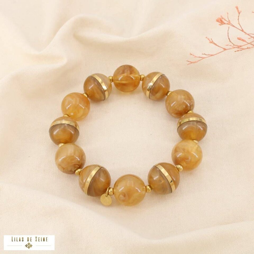 ✨ New Arrival: Ελαστικό Βραχιόλι Lilas de Seine με Κεχριμπαρένιες Μαρμάρινες Σφαίρες και Χρυσά Στοιχεία