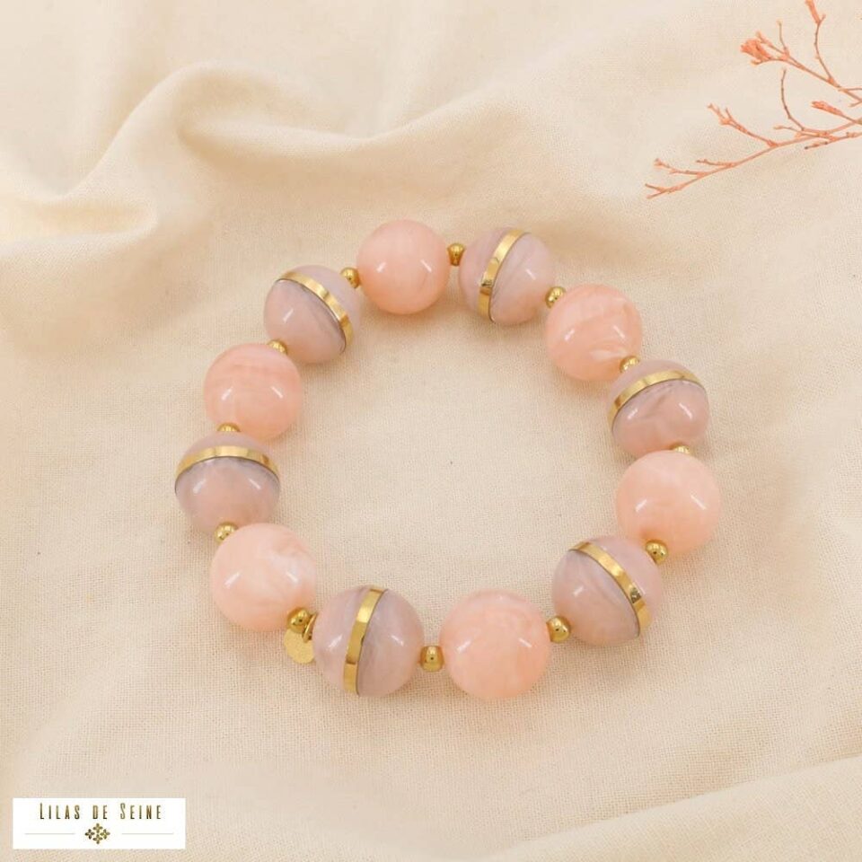 ✨ New Arrival: Ελαστικό Βραχιόλι Lilas de Seine με Ροζ Μαρμάρινες Σφαίρες και Χρυσά Στοιχεία
