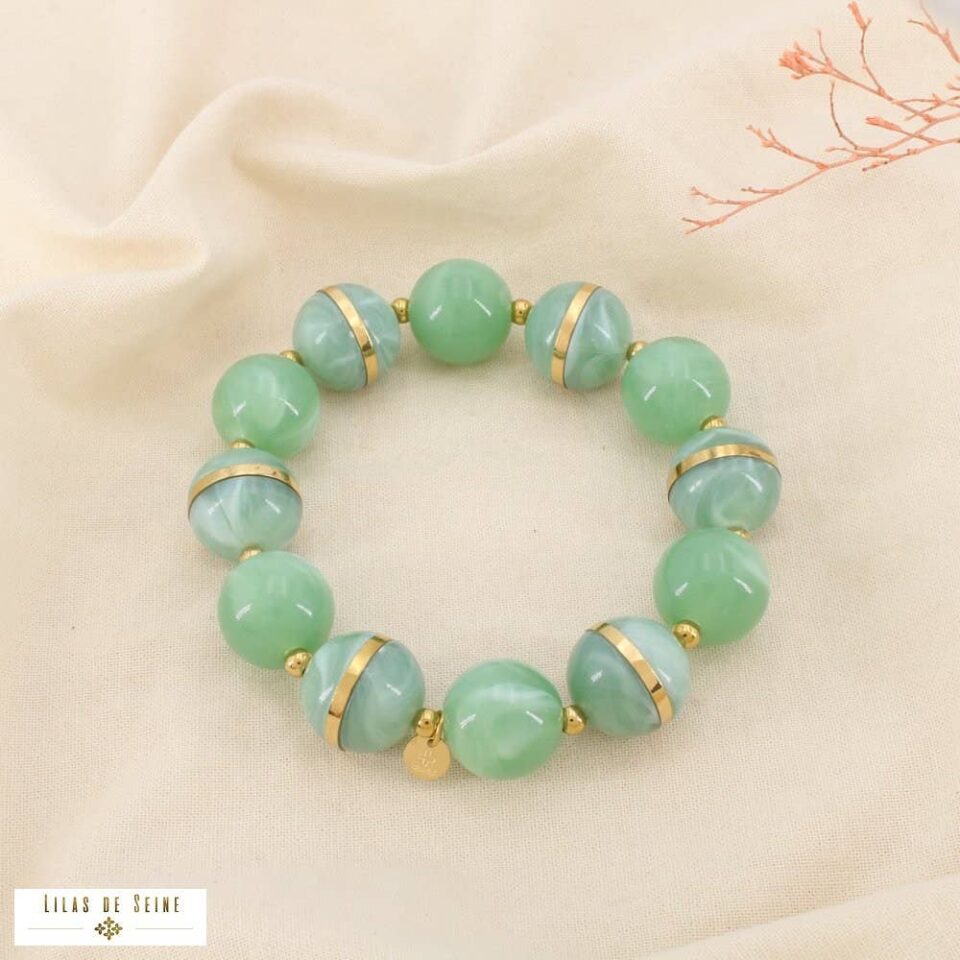 ✨ New Arrival: Statement Ελαστικό Βραχιόλι με Μεγάλες Χάντρες από Πράσινη Ρητίνη & Χρυσό Ατσάλι