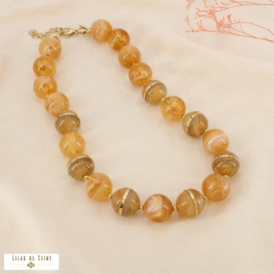 ✨ New Arrival: Statement Κολιέ Lilas de Seine με Κεχριμπαρένιες Μαρμάρινες Σφαίρες και Χρυσές Λεπτομέρειες