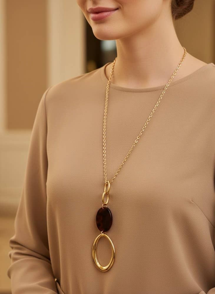The Parisian Oval Pendant: Luxury Μακρύ Ατσάλινο Κολιέ με Εναλλασσόμενους Κρίκους & Ταρταρούγα