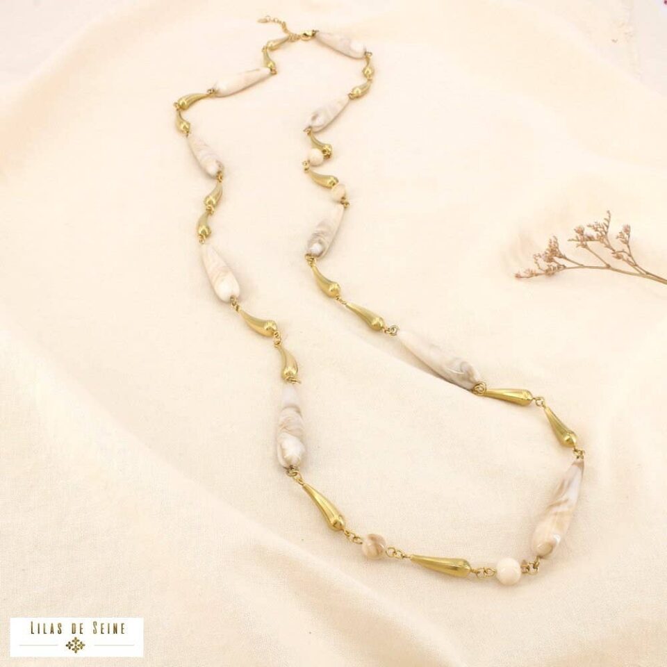 ✨ New Arrival: Μακρύ Γυναικείο Κολιέ από Ανοξείδωτο Ατσάλι με Οργανικούς Λίθους σε Μπεζ-Μαρμάρινες Αποχρώσεις