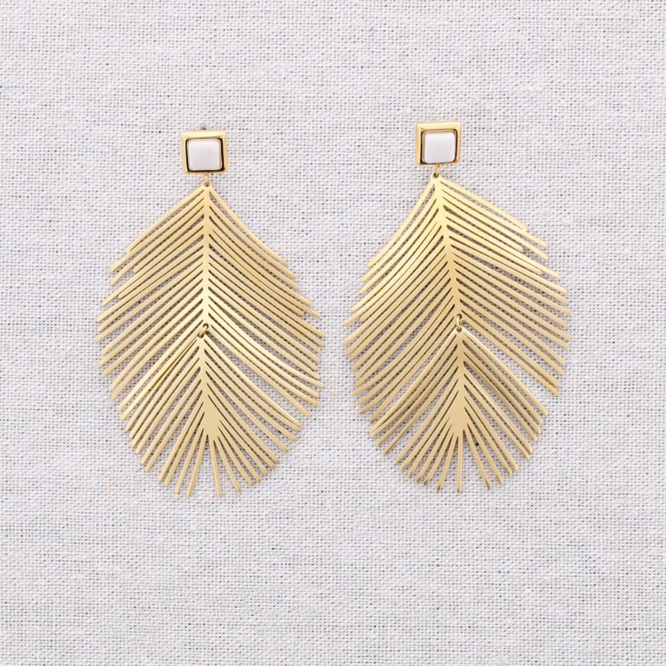 Χρυσά Ματ Σκουλαρίκια "Milano Glam" Palm Leaf & Ivory