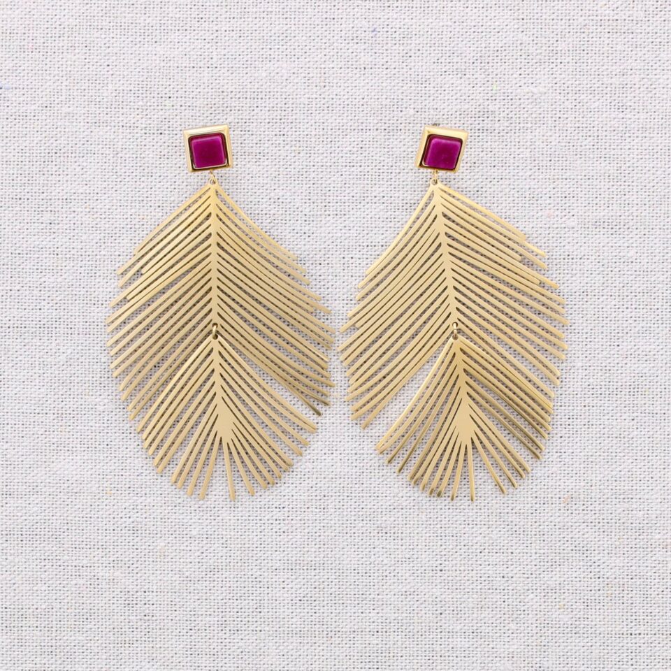 Χρυσά Ματ Σκουλαρίκια "Milano Glam" Palm Leaf & Elegant Magenta